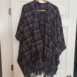 Cashmere and Cotton Purple Black and White Plaid Fringe Shawl Wrap